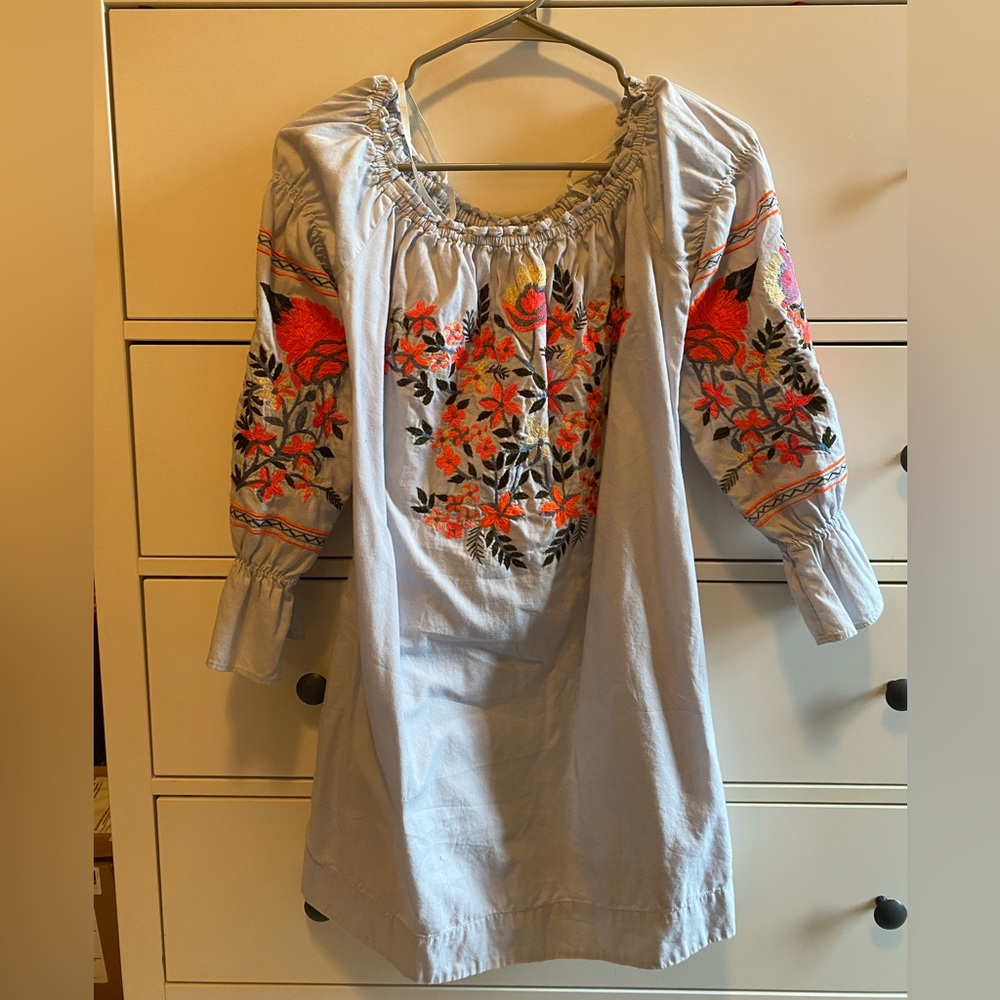 Light blue & embroidered floral long sleeve dress